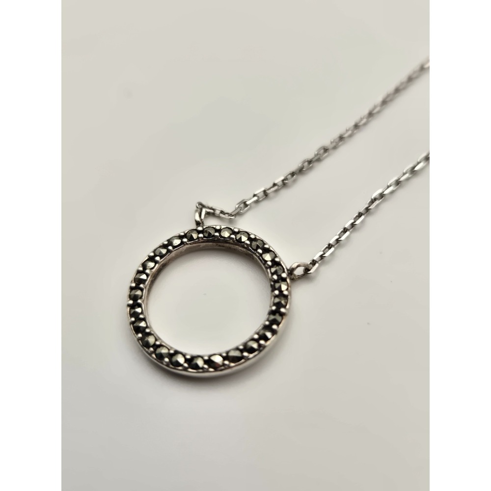 Signed Sterling Silver Marcasite Circle Pendant Necklace‎ 925 18 Inches long